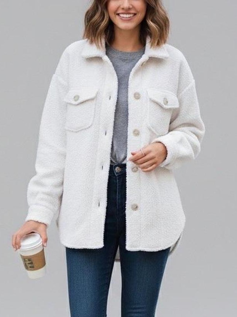 Abercrombie & Fitch Sherpa Shirt Jacket in White - S